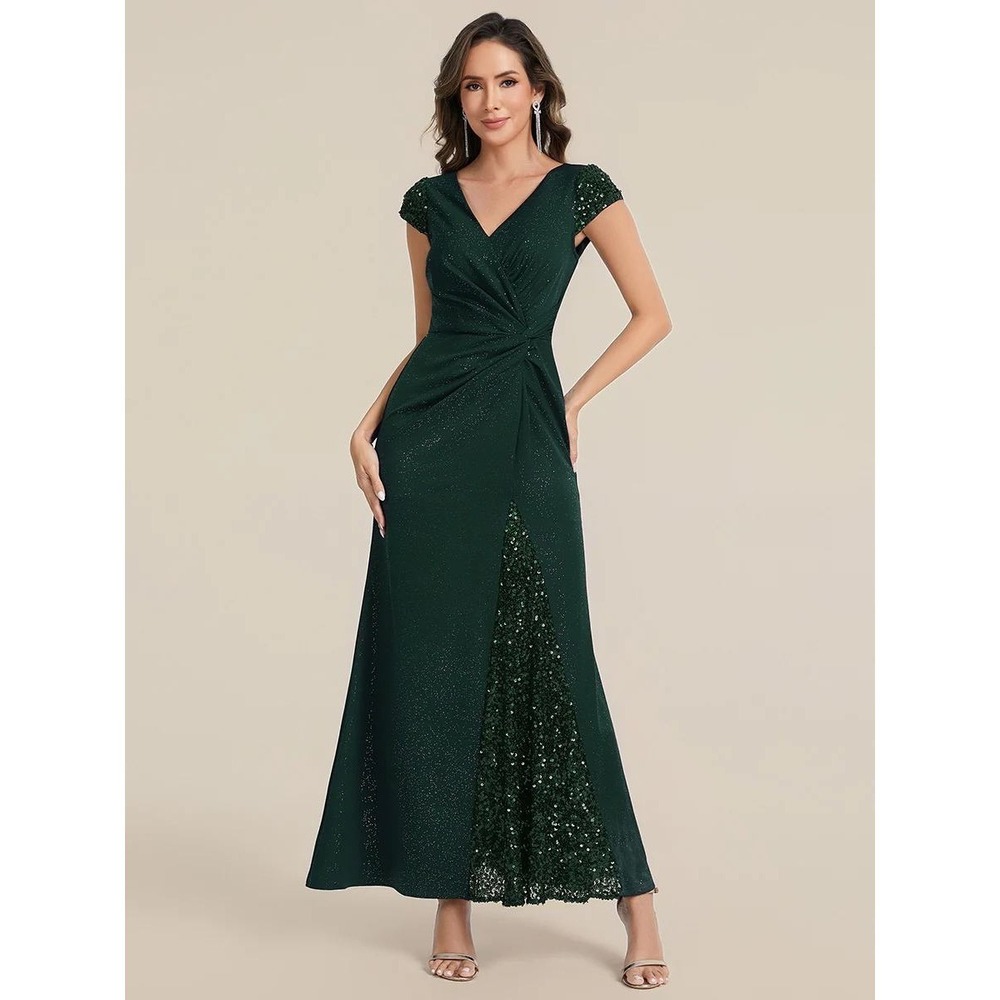 Ever Pretty Kaia 6 Green Knotted Knit Cap Sleeve Maxi Glitter Evening Dress